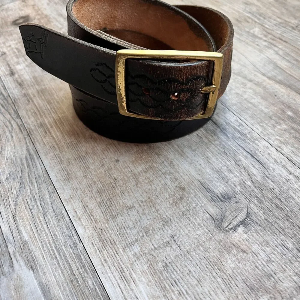 Vintage Leather Belt Deer Motif Tooled Western Dark Brown Size 44 Brass Buckle